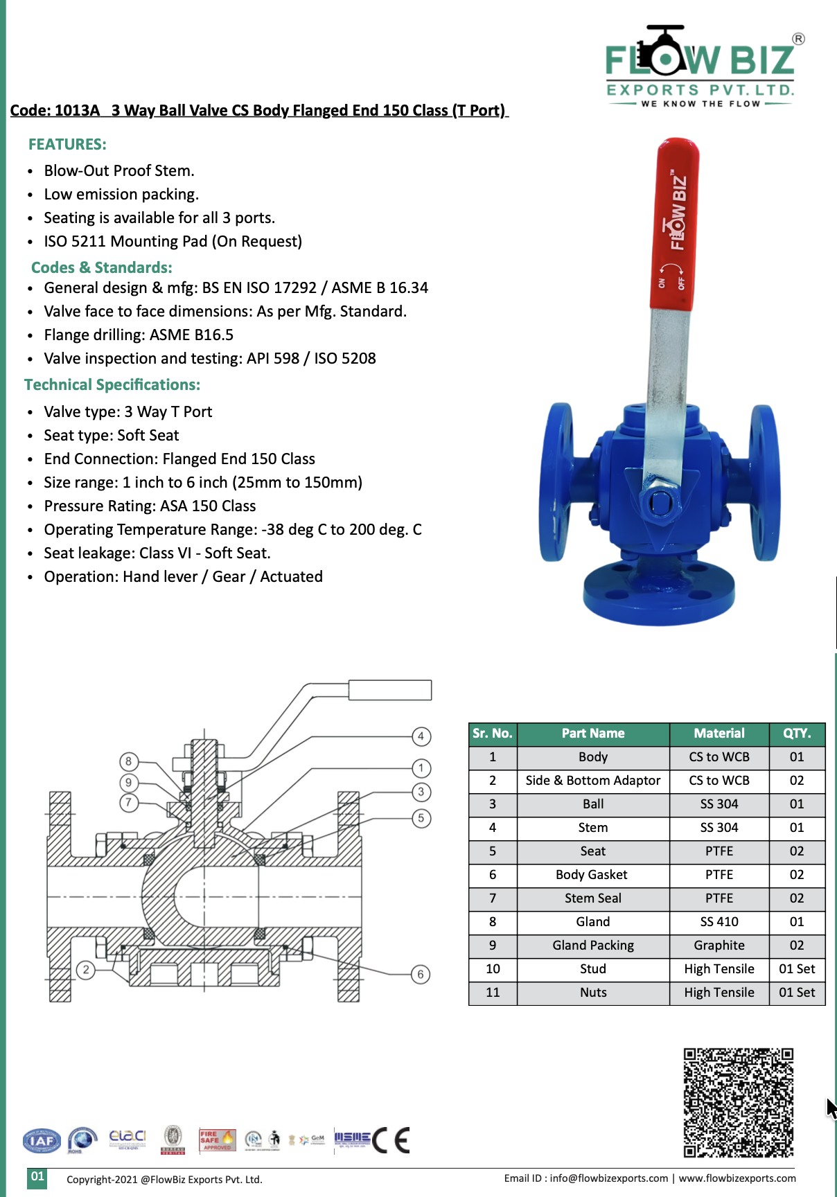 Code: 1013A 3 Way Ball Valve CS Body Flanged End 150 Class (T Port)