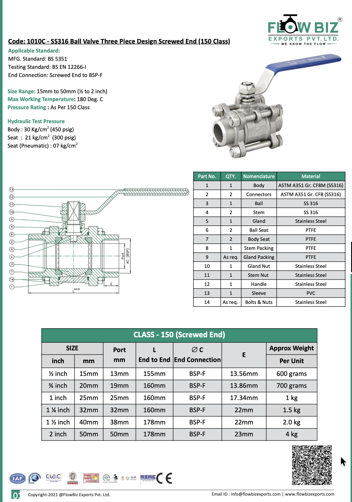 Code: 1010C - SS316 Ball Valve Three Piece Design Screwed End (150 Class)